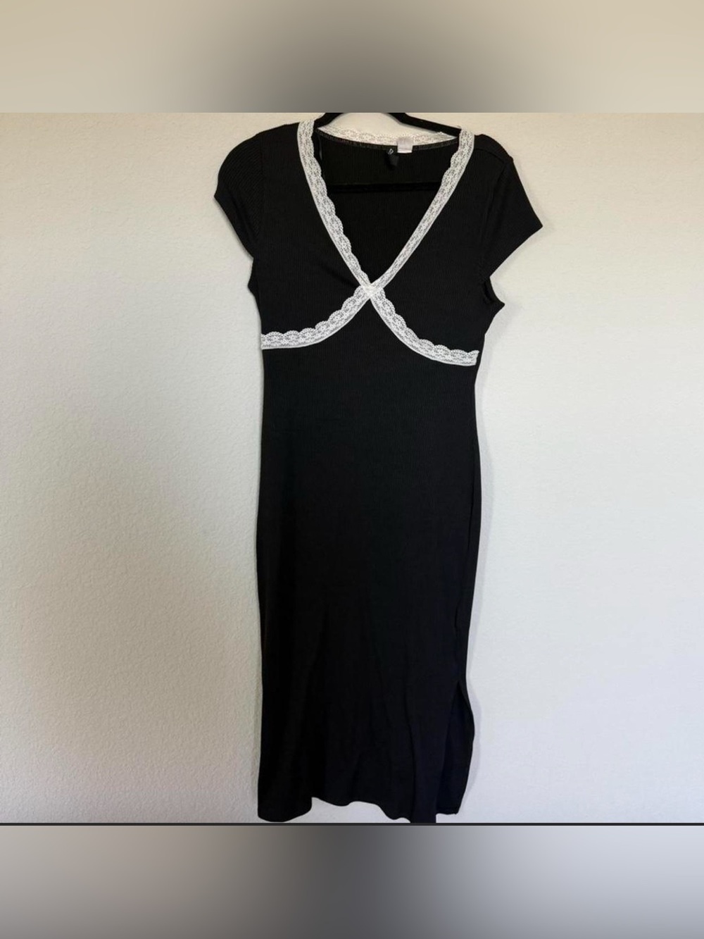 H&M Black Midi Dress with White Lace Trim